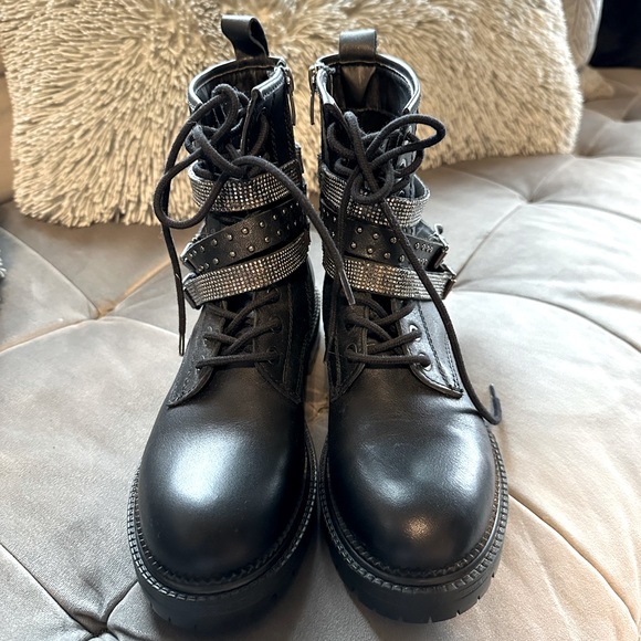 Black Studded Rhinestone Combat Moto Boot - Picture 4 of 8